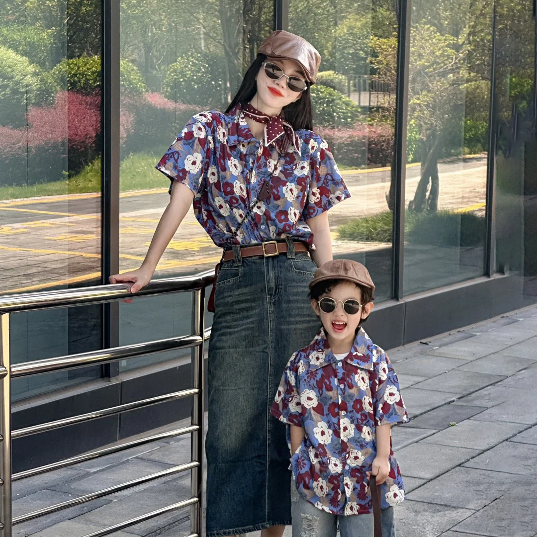 怀旧复古港风亲子装新款夏季一家三口母子母女高级感凉感速干衬衫