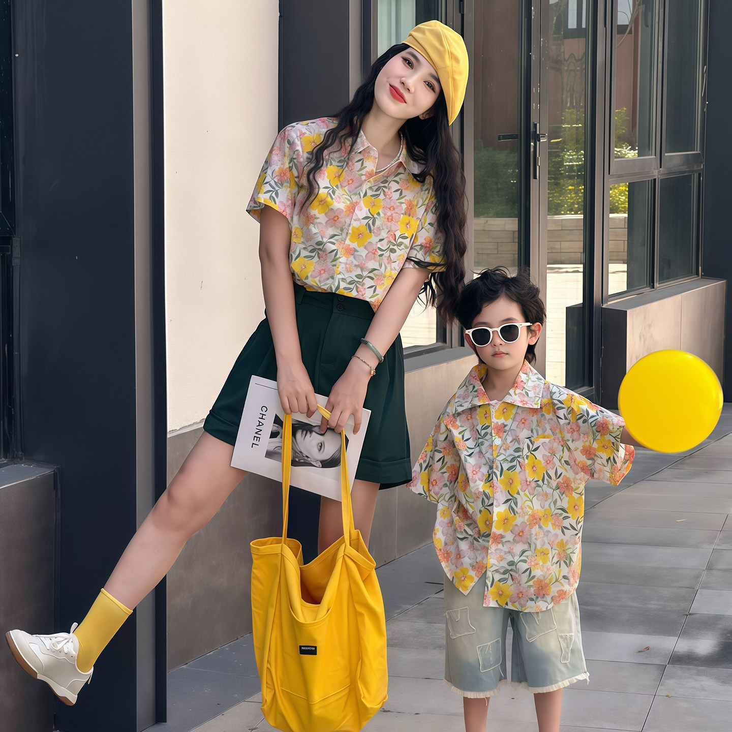 复古港风亲子装衬衣2026新款夏季一家三口短袖衬衫海边母子母女装