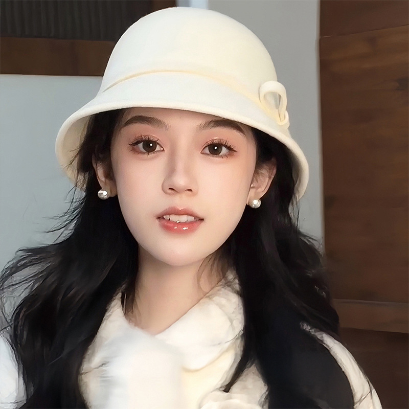 法式赫本风白色圆顶礼帽女秋冬季复古优雅气质千金风渔夫帽子女款