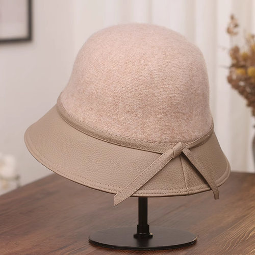 帽子女优雅简约PU皮针织羊毛呢盆帽秋冬新款时尚百搭显脸小渔夫帽