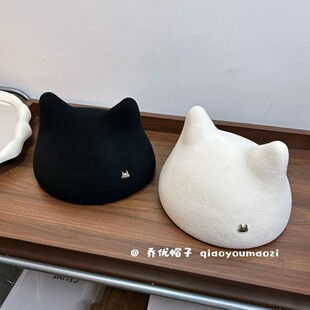 秋冬羊毛耳朵贝雷帽毛呢小猫蓓蕾帽女甜美可爱撞色画家帽潮 韩国版