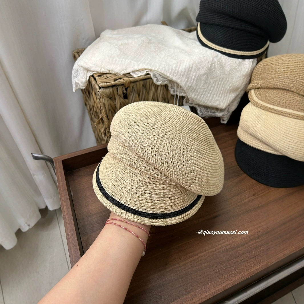 日本CA4款条纹鸭舌帽子女夏季防晒草帽撞色侧压马术帽百搭遮阳帽