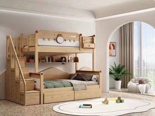 橡胶木经济型儿童上下床奶油风高低床子母床多功能亲子床 618新款