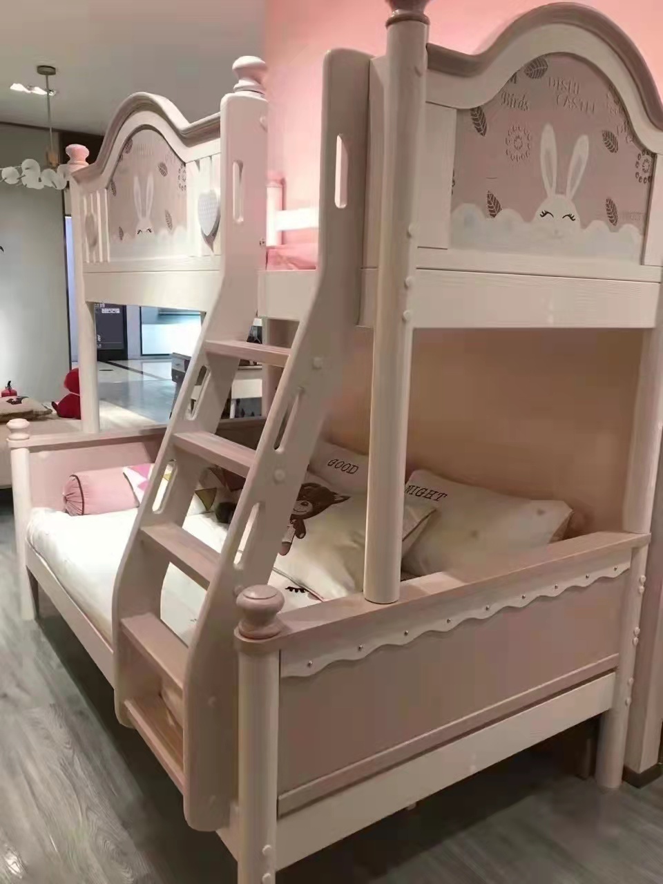 女宝兔子床白加粉色公主床儿童上下床高低床子母床多功能亲子床