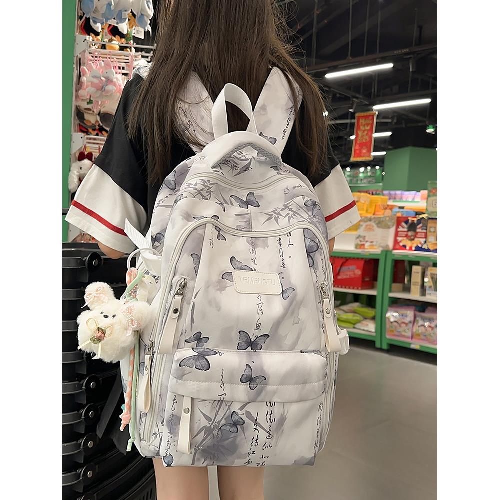 初中女生双肩包韩系大容量高颜值印花蝴蝶高中生背包小学生书包女