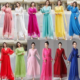 2023雪纺连衣裙长袖夏季欧美外贸裙子亚马逊女装海边度假沙滩裙女