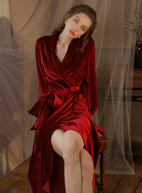 结婚晨袍女新娘伴娘金丝绒长款睡袍春秋婚礼新婚红色睡衣Pajamas