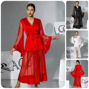 缎面波点网纱拼接喇叭袖 系带浴袍多色女士轻奢家居服1143 睡袍长款