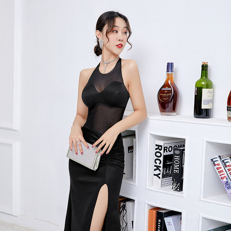 夜场上班衣服性感连衣裙白色长款夜总店挂脖晚礼服佳丽工作服露背