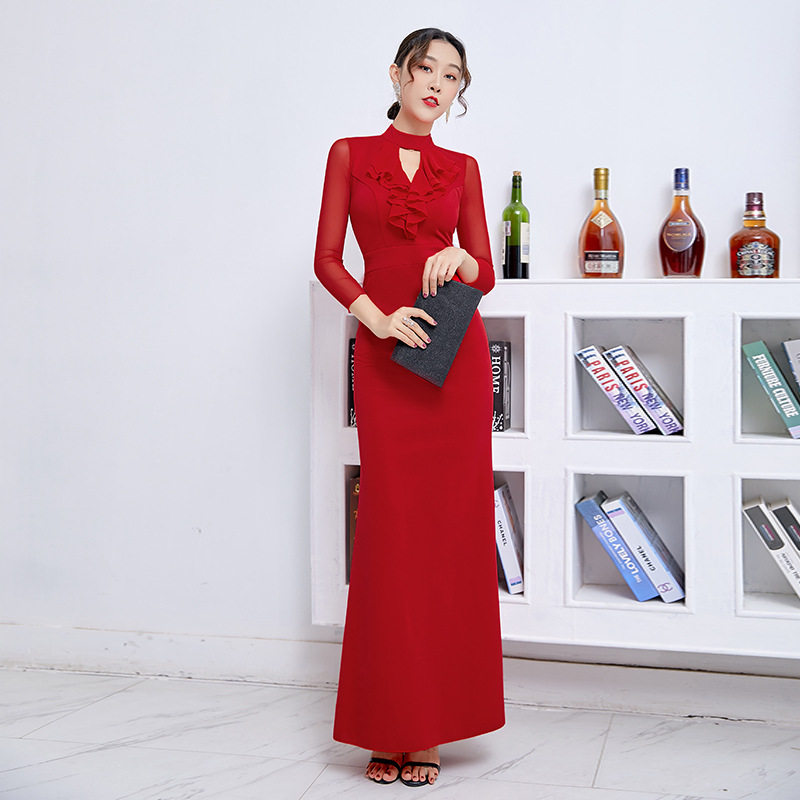 晚礼服2022新款宴会高贵优雅修身显瘦长袖连衣裙长款红色敬酒服女