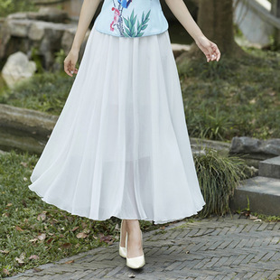 夏季新款复古民国风雪纺纯色半身过膝长裙子女士厂家