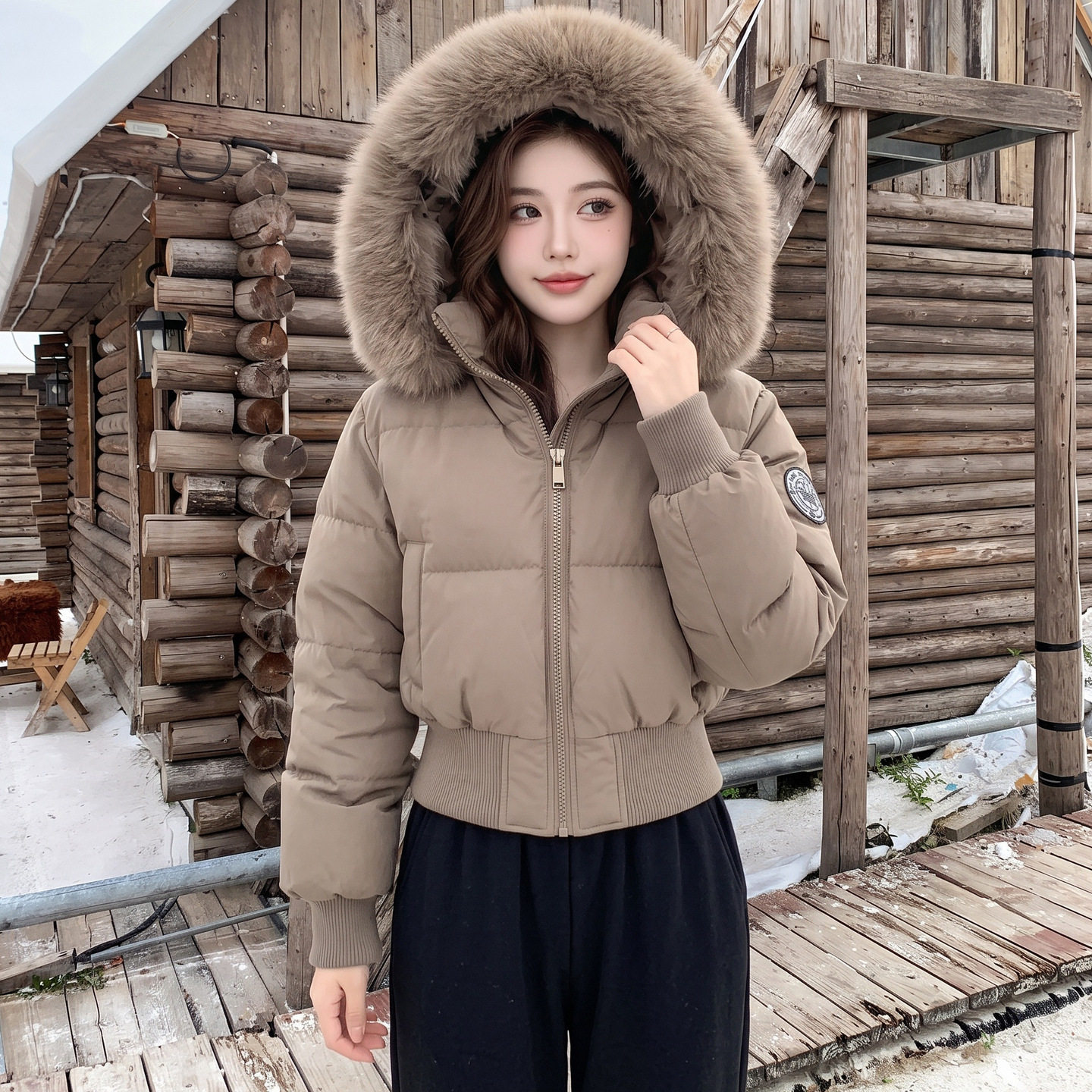 外贸新款加绒加厚棉服女士连帽超大毛领时尚收腰显瘦棉服2026冬季