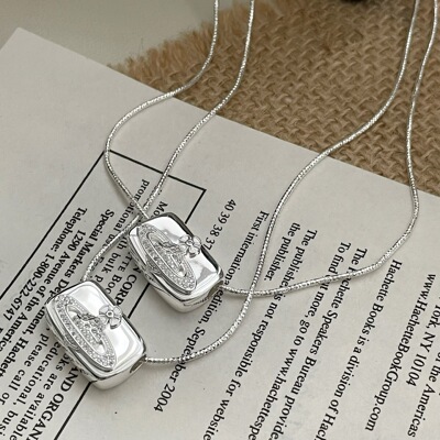 s925纯银西太后土星方牌包包锁骨项链韩国ins时尚轻奢风小众设计