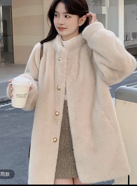 新款秋冬季毛毛绒外套加棉加厚中长款大衣女宽松棉衣棉服PC1008