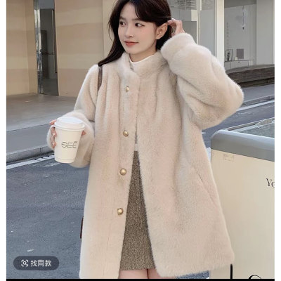 新款秋冬季毛毛绒外套加棉加厚中长款大衣女宽松棉衣棉服PC1008