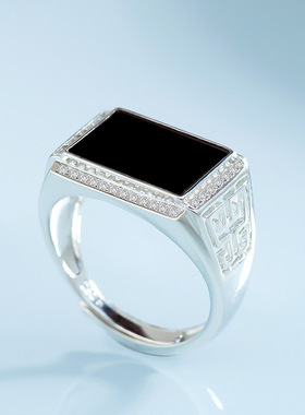 男戒天然时尚s925镶嵌翡翠可指环调节戒马鞍墨翠男士银大气