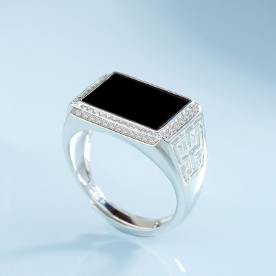 男戒天然时尚s925镶嵌翡翠可指环调节戒马鞍墨翠男士银大气