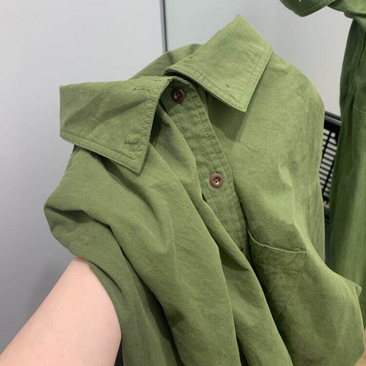 氛围感草绿色衬衫女春秋装韩系休闲设计感上衣港风高级感长袖上衣