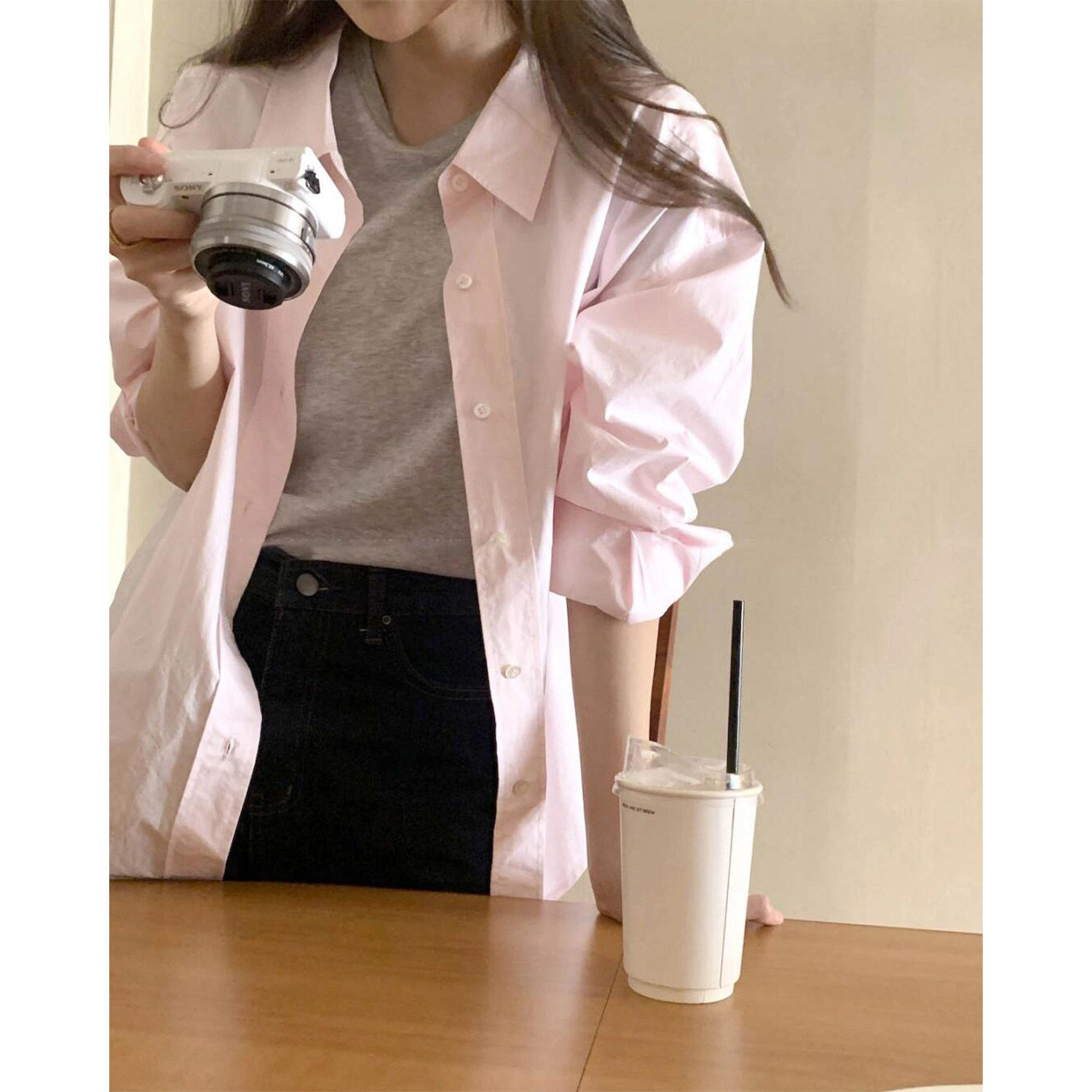 高品质纯棉粉色长袖衬衫女夏季薄韩版宽松休闲防晒衬衣外套上衣