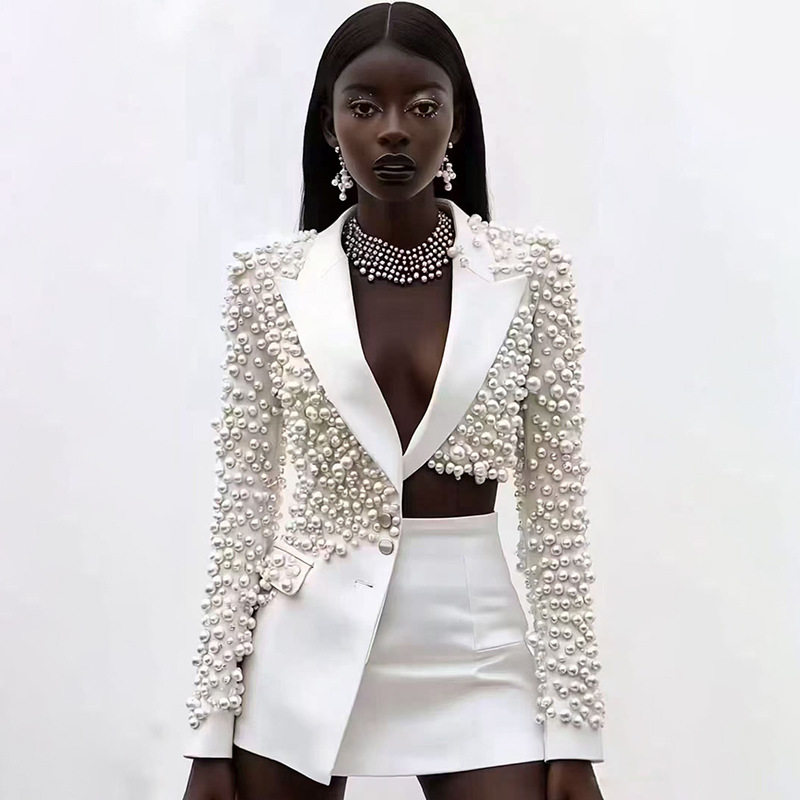 2026春季欧美个性时尚新款深V领重工钉珠不规则西装半身裙套装女