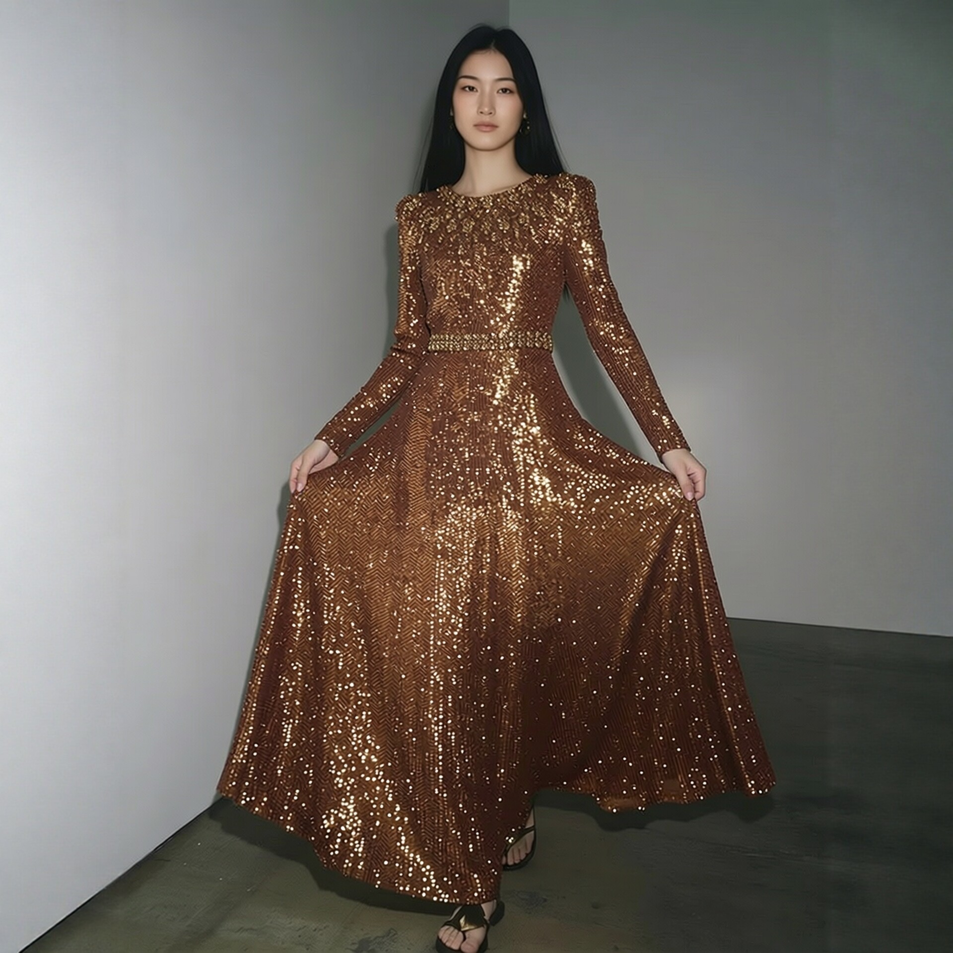 欧美高端金色亮片镶钻晚礼服长裙