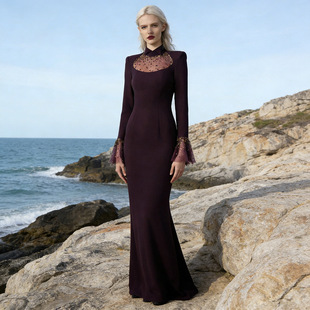 现货2026新款欧美明星时尚钉珠镶钻长袖修身鱼尾晚礼服长裙连衣裙