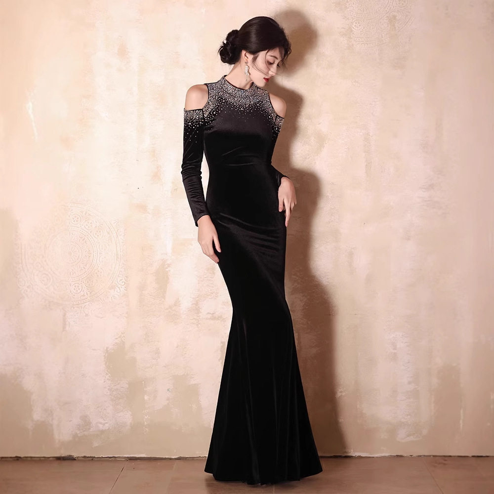 晚礼服女黑色丝绒钉珠收腰显瘦礼服裙长袖露肩修身宴会晚宴裙工厂