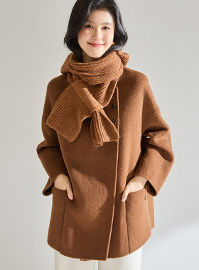 25秋冬针织连帽围巾双面呢羊绒大衣短款羊驼毛宽松韩版外套29035