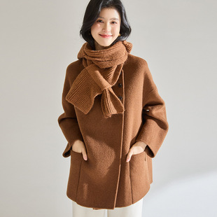 25秋冬针织连帽围巾双面呢羊绒大衣短款羊驼毛宽松韩版外套29035