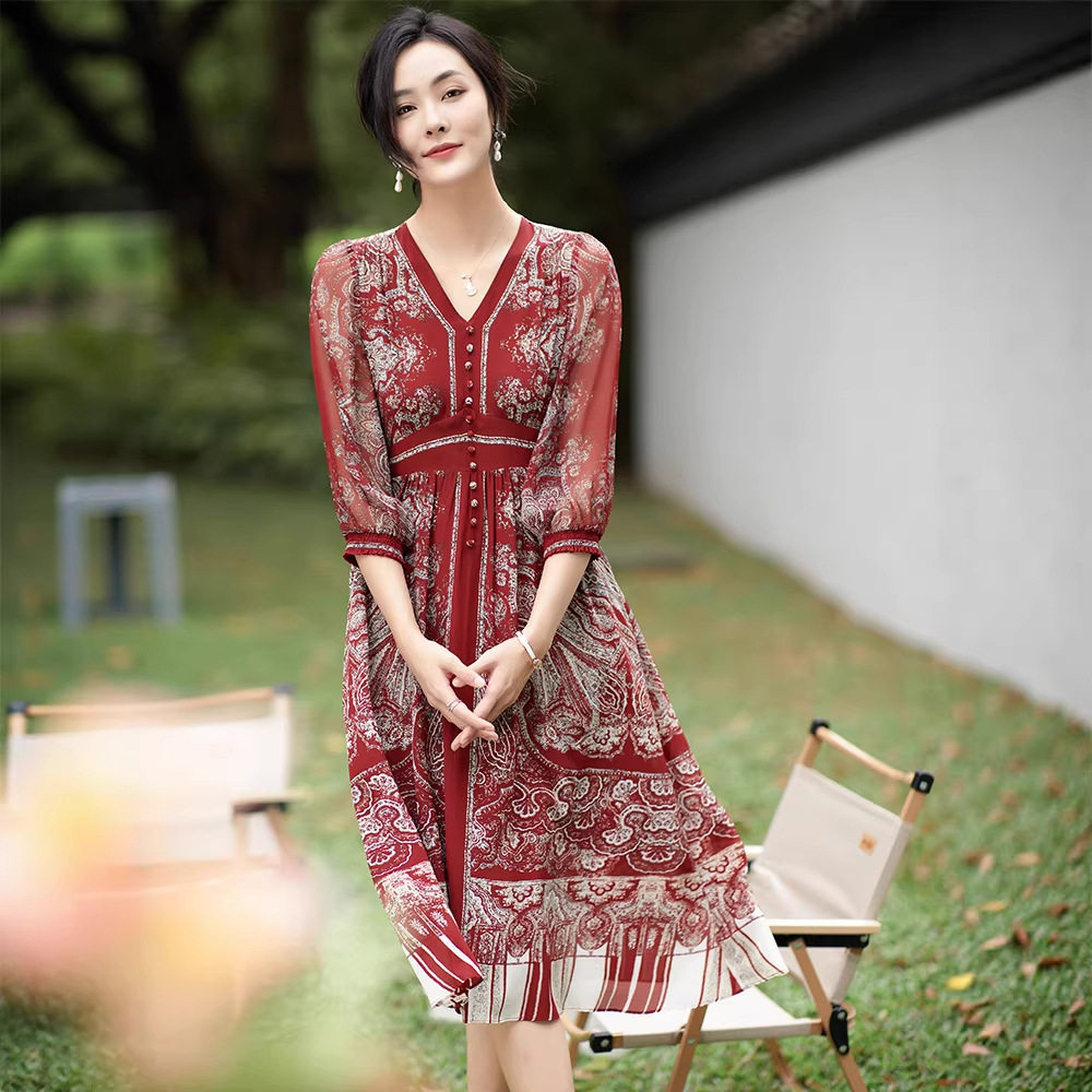 90422 夏季新品女装2024定位印花真丝中长款连衣裙