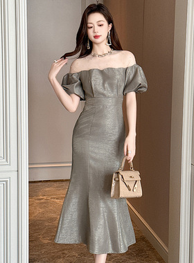 2025夏季新款女装性感网纱拼接泡泡袖收腰鱼尾长款连衣裙21349