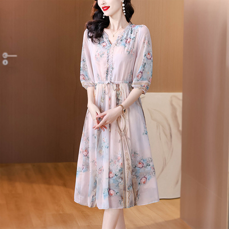 杭州真丝连衣裙女2026新款高端轻奢桑蚕丝裙温柔名媛仙气碎花裙子