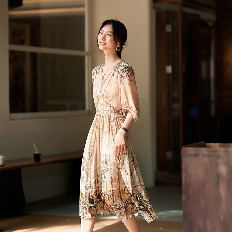 80040 法式优雅真丝印花连衣裙女夏 桑蚕丝收腰显瘦气质长裙收腰