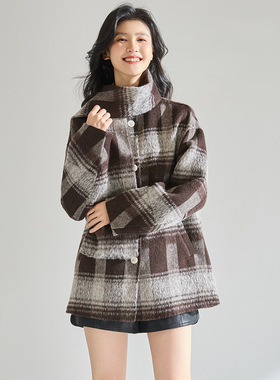 25秋冬新款围巾羊毛双面呢复古大衣慵懒高级感格纹短款外套29041