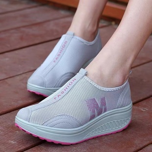 新款摇摇鞋透气网面鞋女鞋一脚蹬休闲运动鞋厚底妈妈鞋健步舞蹈鞋