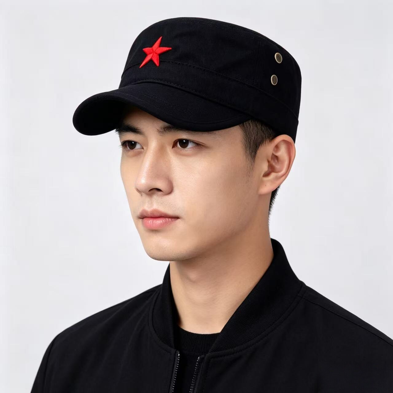 五角星刺绣平顶帽男款怀旧军迷帽户外休闲工装摇滚鸭舌帽中老年帽