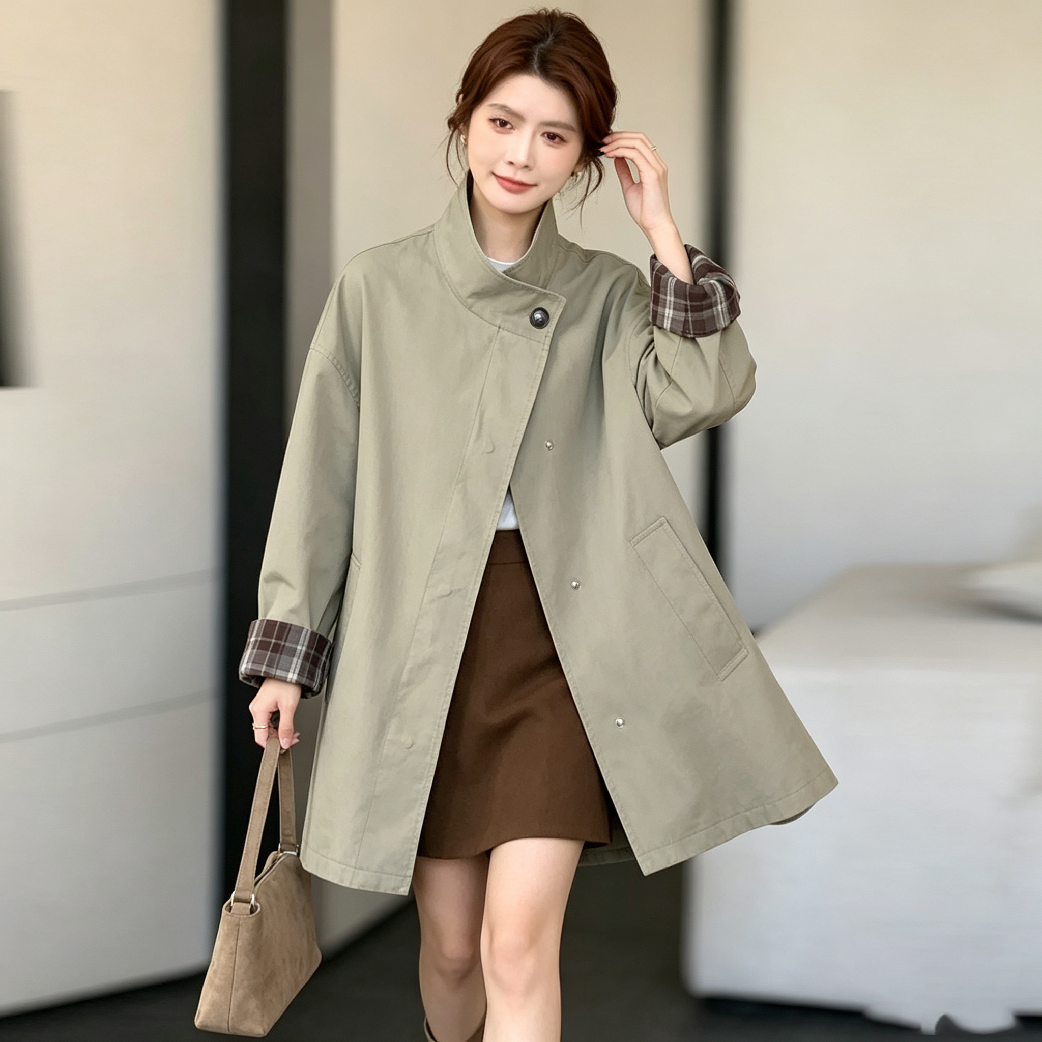 韩系立领卡其女中长宽松风衣