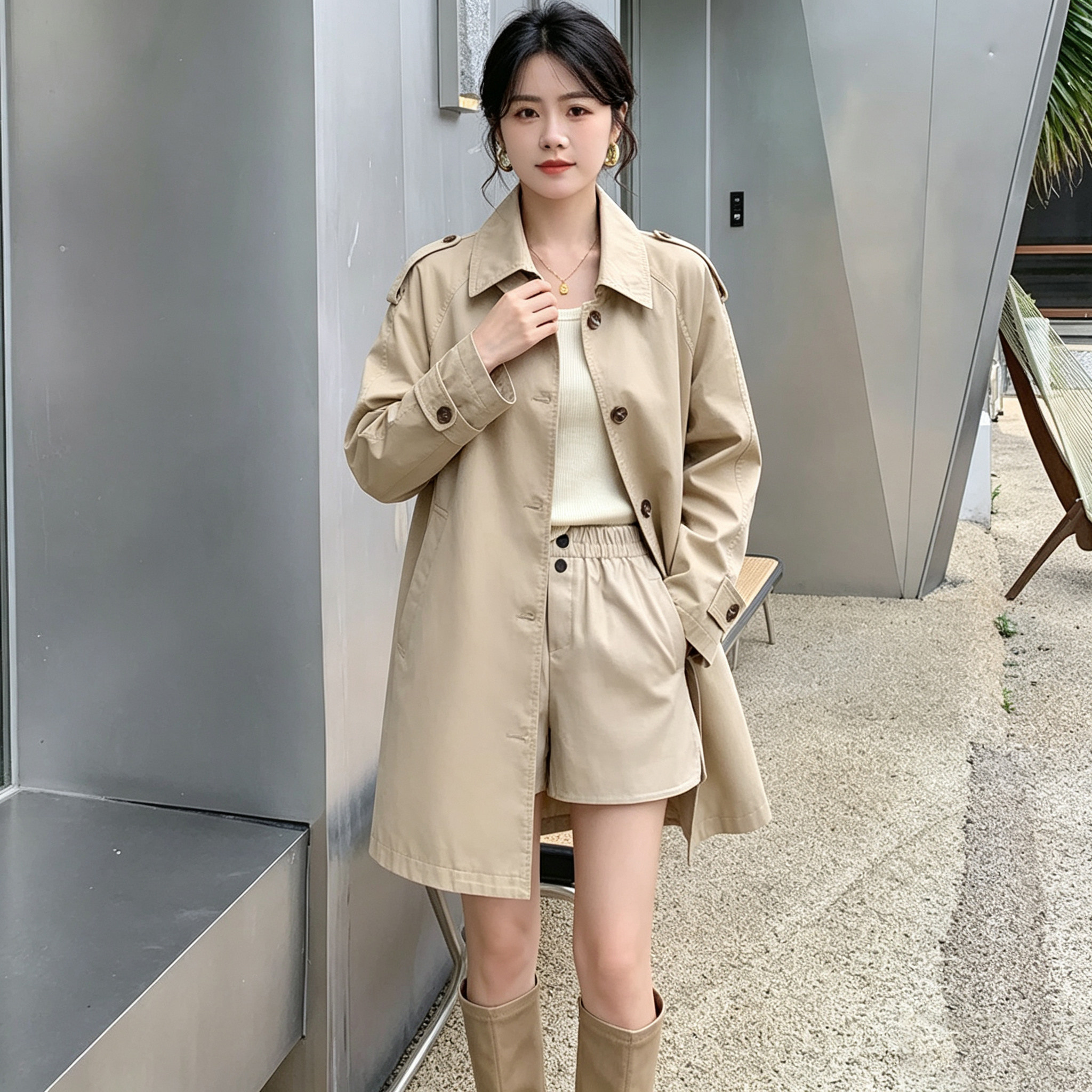 秋季女装中长款翻领单排扣风衣