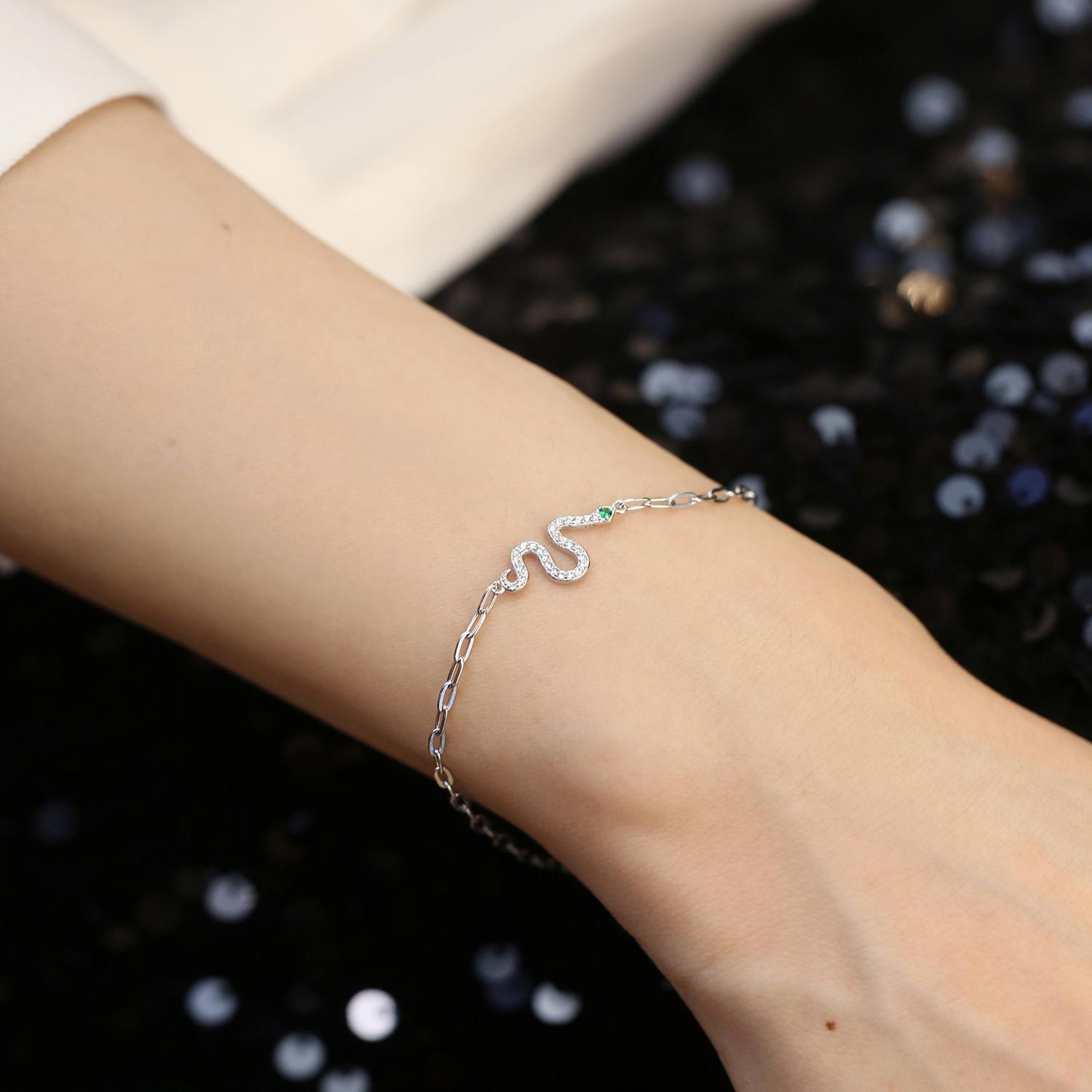 灵蛇满钻祖母绿色纯银镀18K白金手链动物系列设计师 斯莱特林