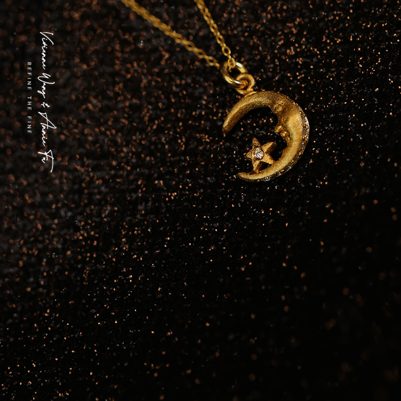 全手工肌理星月吊坠925银18K黄金