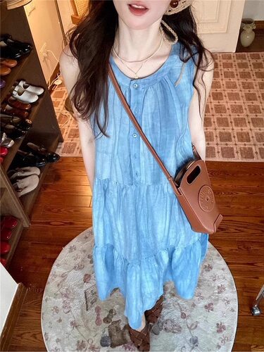 小众设计感蓝色无袖背心连衣裙子女夏季2026新款法式度假风长裙
