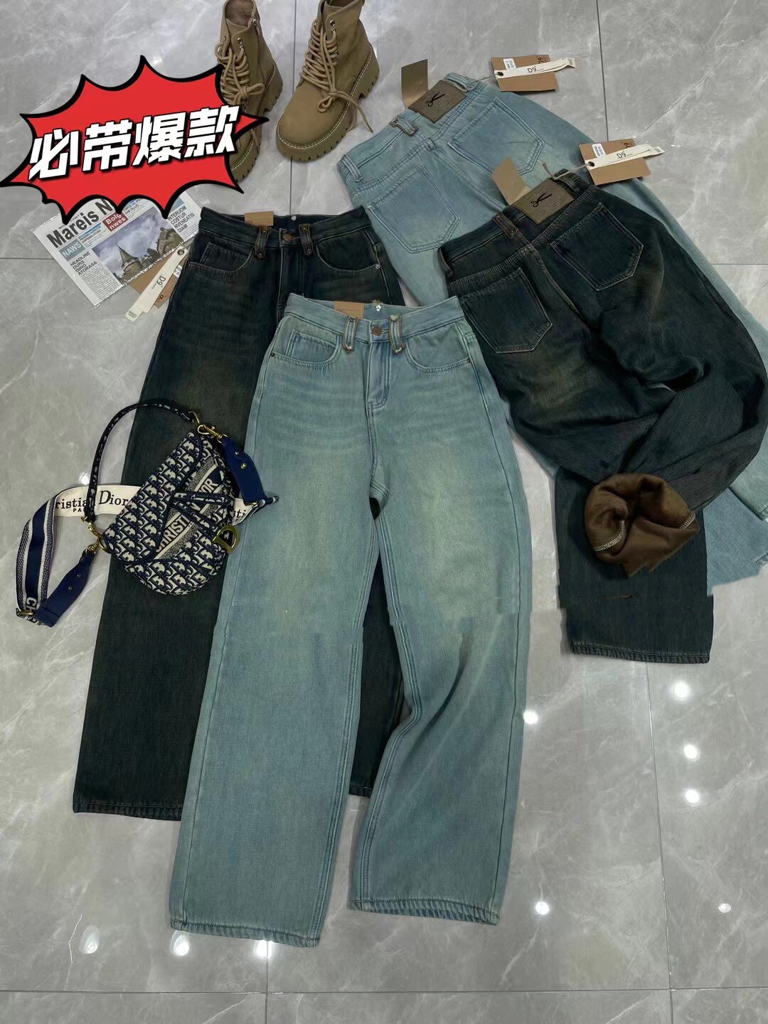 韩国秋冬新款加厚水貂绒高腰阔腿宽松显瘦直筒垂感拖地牛仔裤女潮
