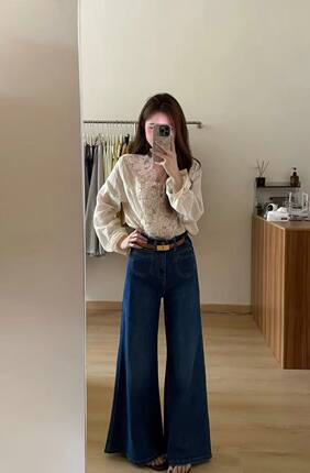 美式复古新款口袋设计感高腰显瘦百搭宽松垂感阔腿微喇叭牛仔裤女