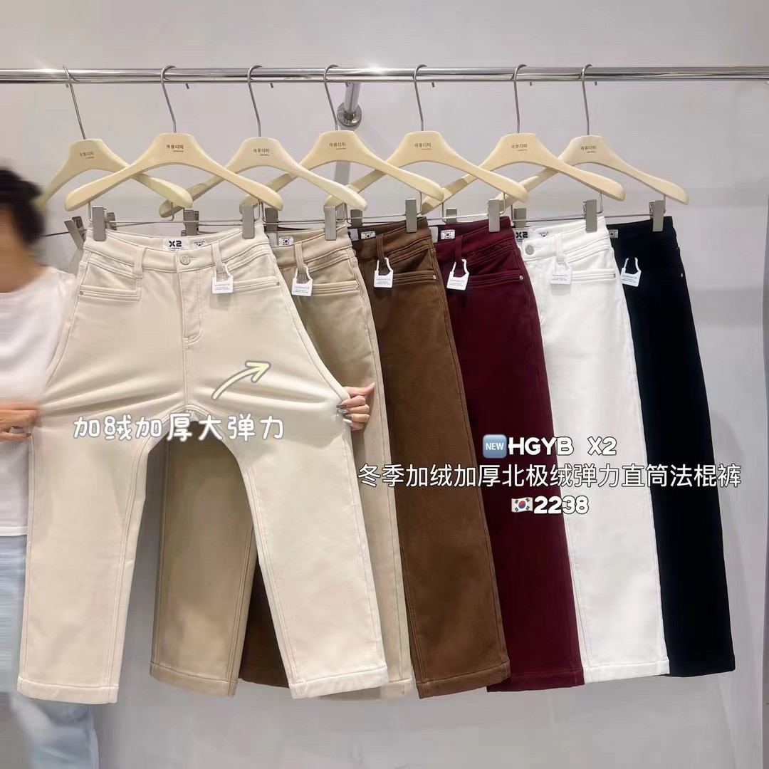韩国定制秋冬新款加厚北极绒高腰显瘦直筒百搭休闲修身牛仔裤女
