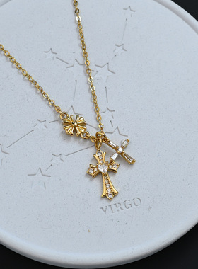 中古风金色十字架吊坠项链女小众独特设计感百搭气质锁骨链