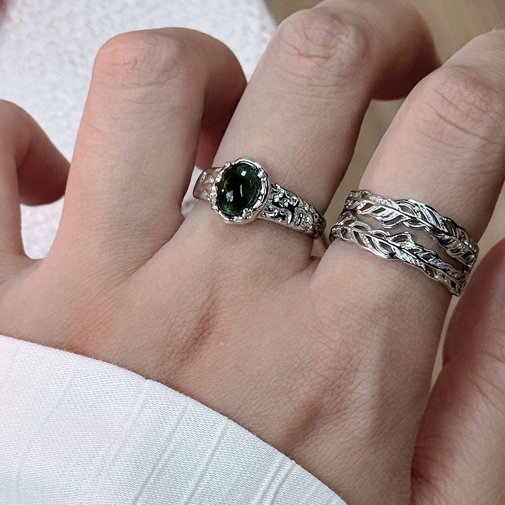 民族风羽毛肌理戒指女小众设计时尚个性新中式国风绿色玛瑙指环