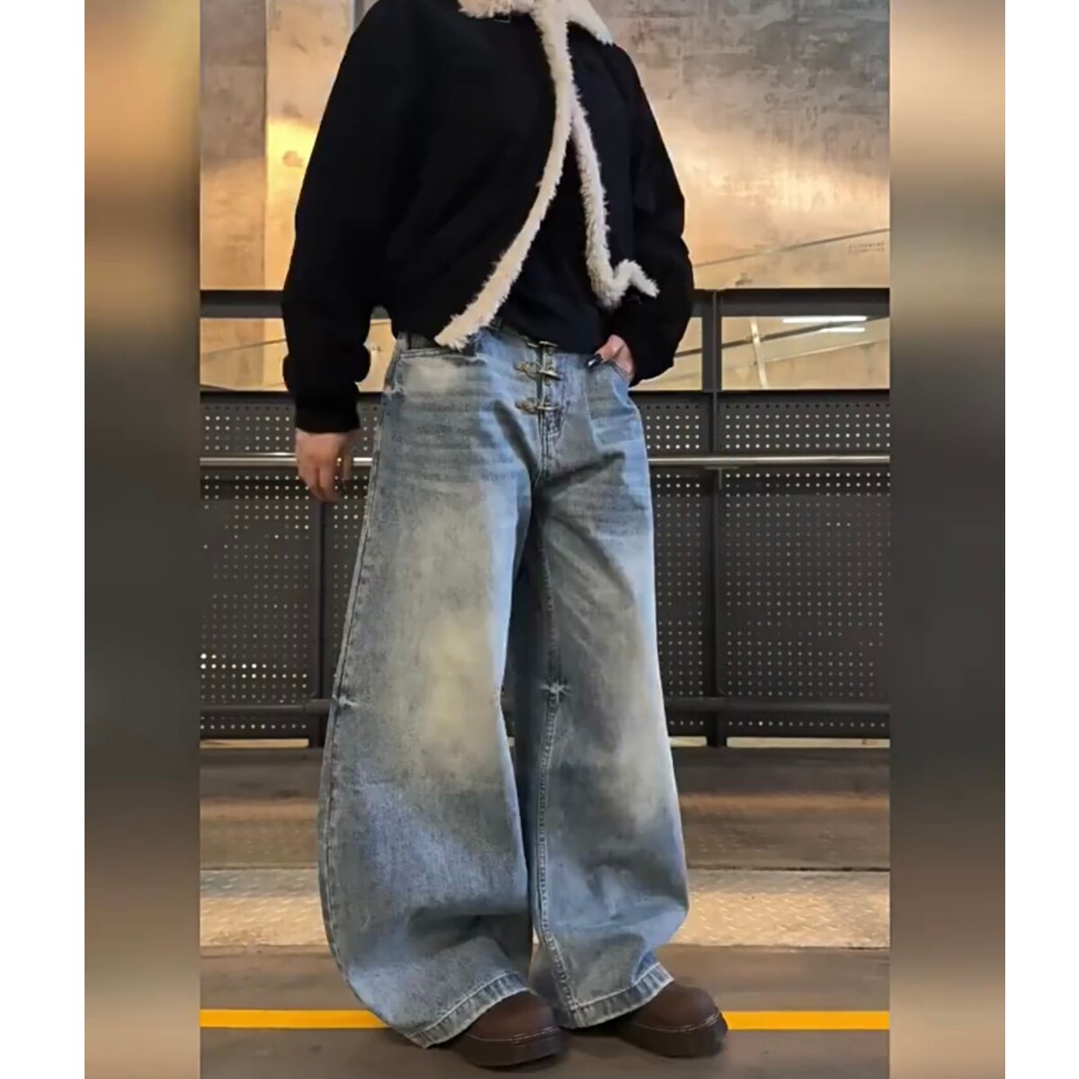 现货男女宽松金属扣牛仔裤拖地8046P53,男装牛仔裤,星座517-5