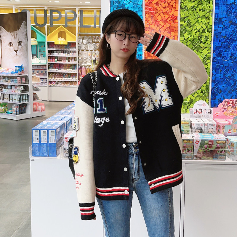 2023新品女装美式复古刺绣棒球服开衫针织毛衣外套女宽松加厚大码