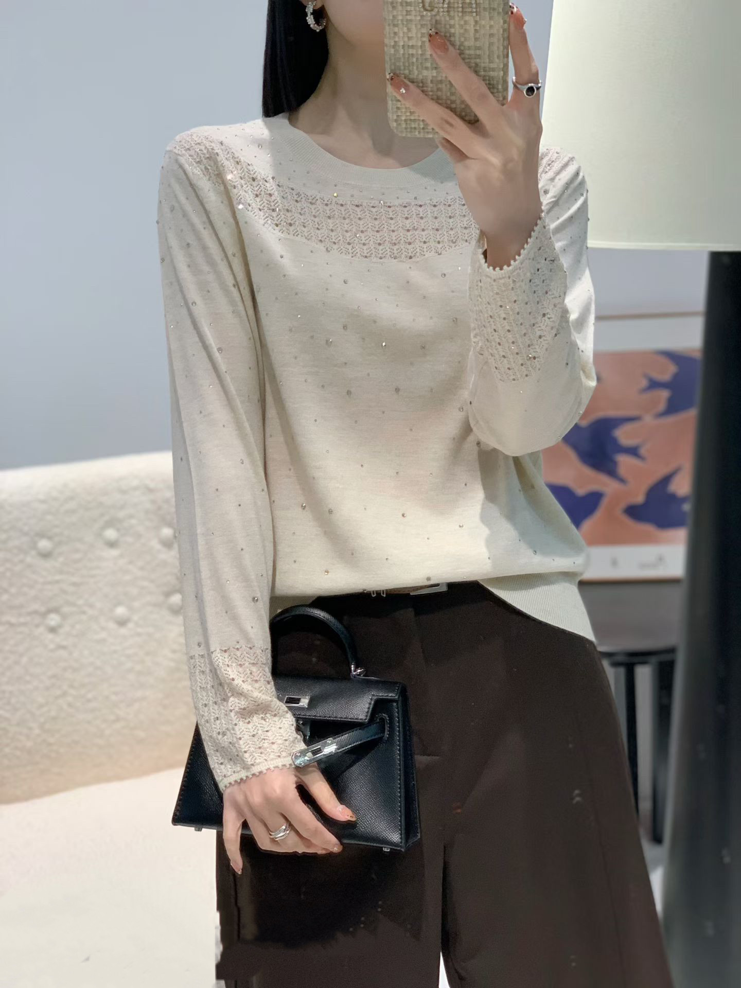 高端大气亚麻羊毛春秋款宽松亮钻纯色针织衫上衣女