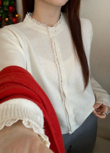 绵羊毛100 ％蕾丝花边领针织开衫2025年秋冬季新款女装百搭小个子